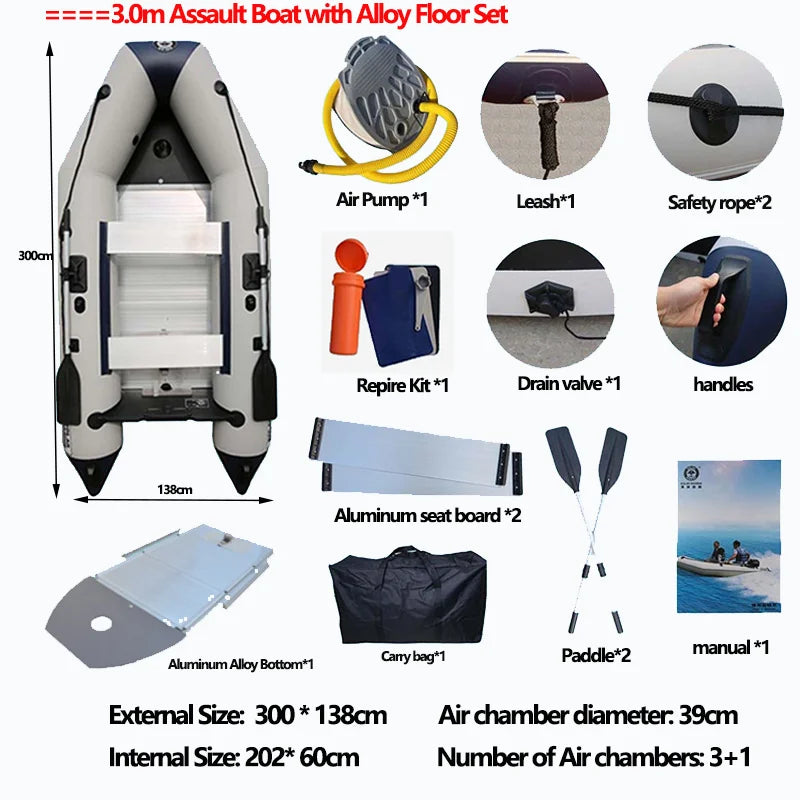 2.3~4.0m Inflatable Assault Boat 0.9mm Thickness PVC Speed Kayak Raft Thickened Wear-resistant Fishing Canoe Aluminum Floor Set