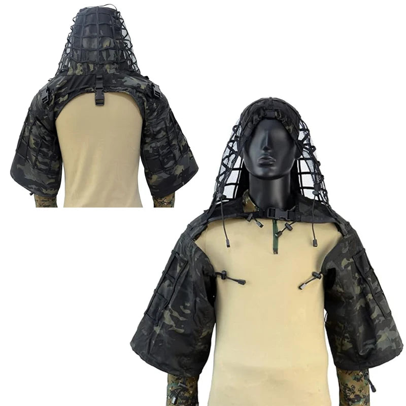Tactical Ghillie Suit Breathable Ghillie Viper Hood with 3D Leafy Stripes Sniper Coat for Wargame, Hunting, CS