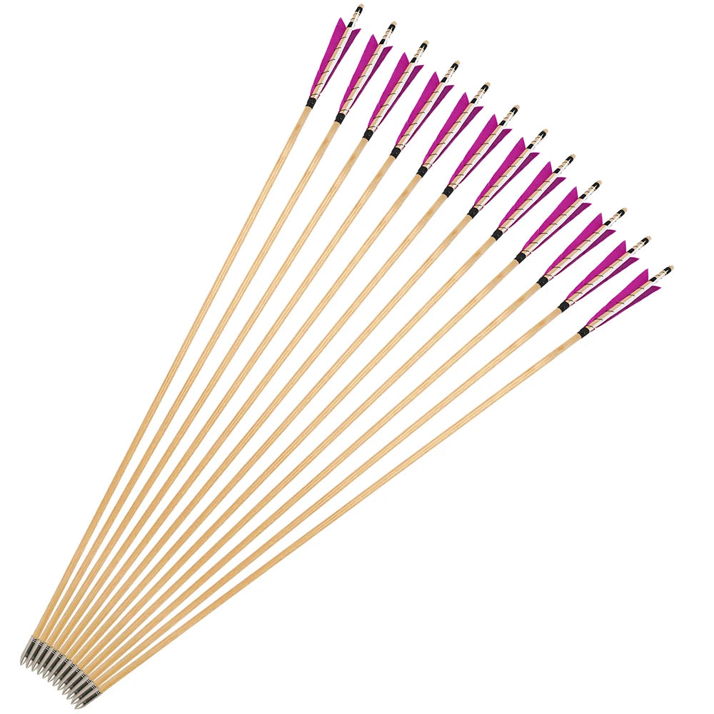 Wood Arrows 6/12pcs Turkey Feather OD8mm Fixed Stainless Steel Arrowhead 32.3Inch for Bow Shooting Hunting Practice