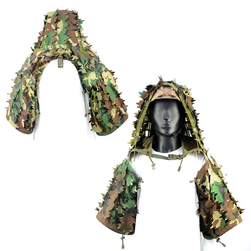 Tactical Ghillie Suit Breathable Ghillie Viper Hood with 3D Leafy Stripes Sniper Coat for Wargame, Hunting, CS