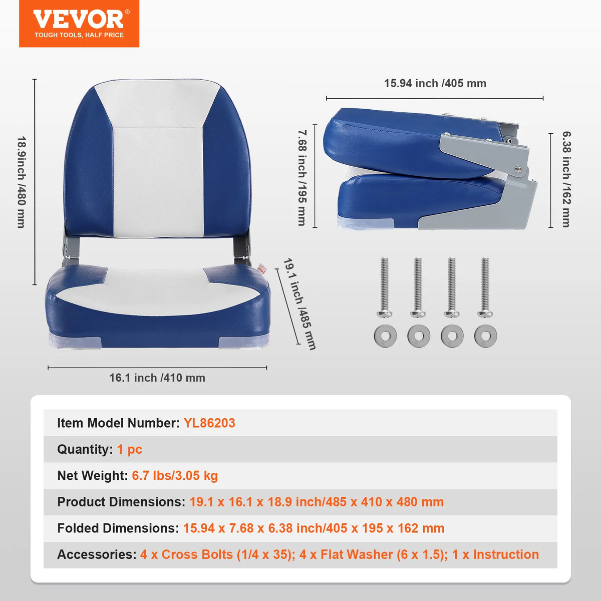VEVOR Boat Seat 18.9" Low Back Folding Chair with Thickened Sponge Padding and Hinge Fold-Down Boat Captain Chair for Speedboat