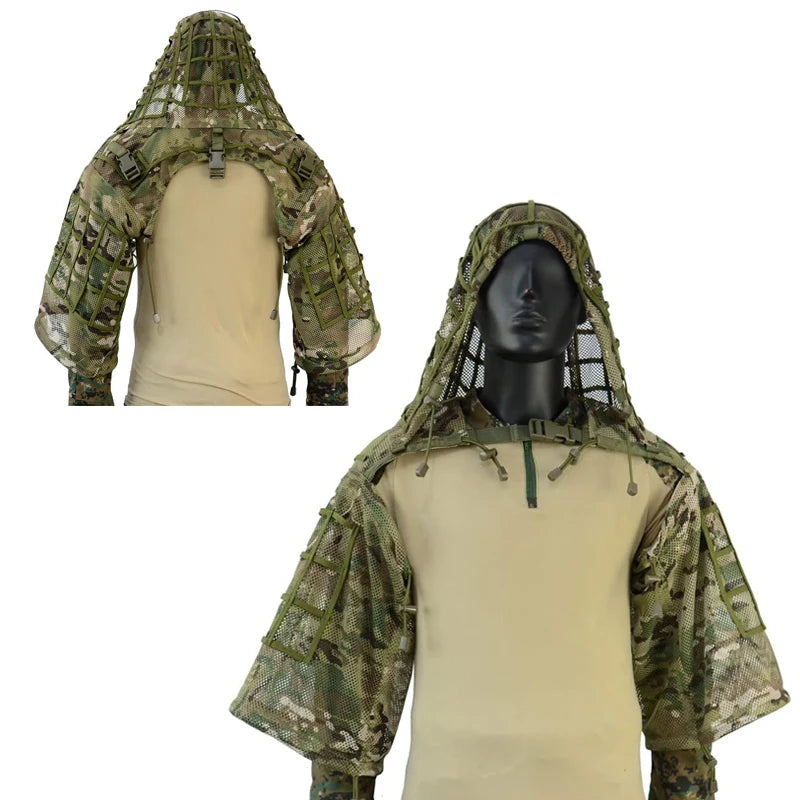 Tactical Ghillie Suit Breathable Ghillie Viper Hood with 3D Leafy Stripes Sniper Coat for Wargame, Hunting, CS