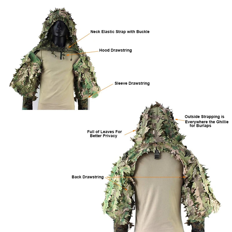 Tactical Ghillie Suit Breathable Ghillie Viper Hood with 3D Leafy Stripes Sniper Coat for Wargame, Hunting, CS