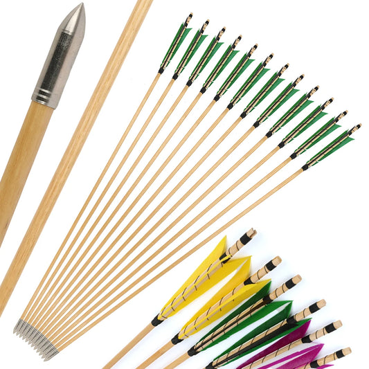 Wood Arrows 6/12pcs Turkey Feather OD8mm Fixed Stainless Steel Arrowhead 32.3Inch for Bow Shooting Hunting Practice